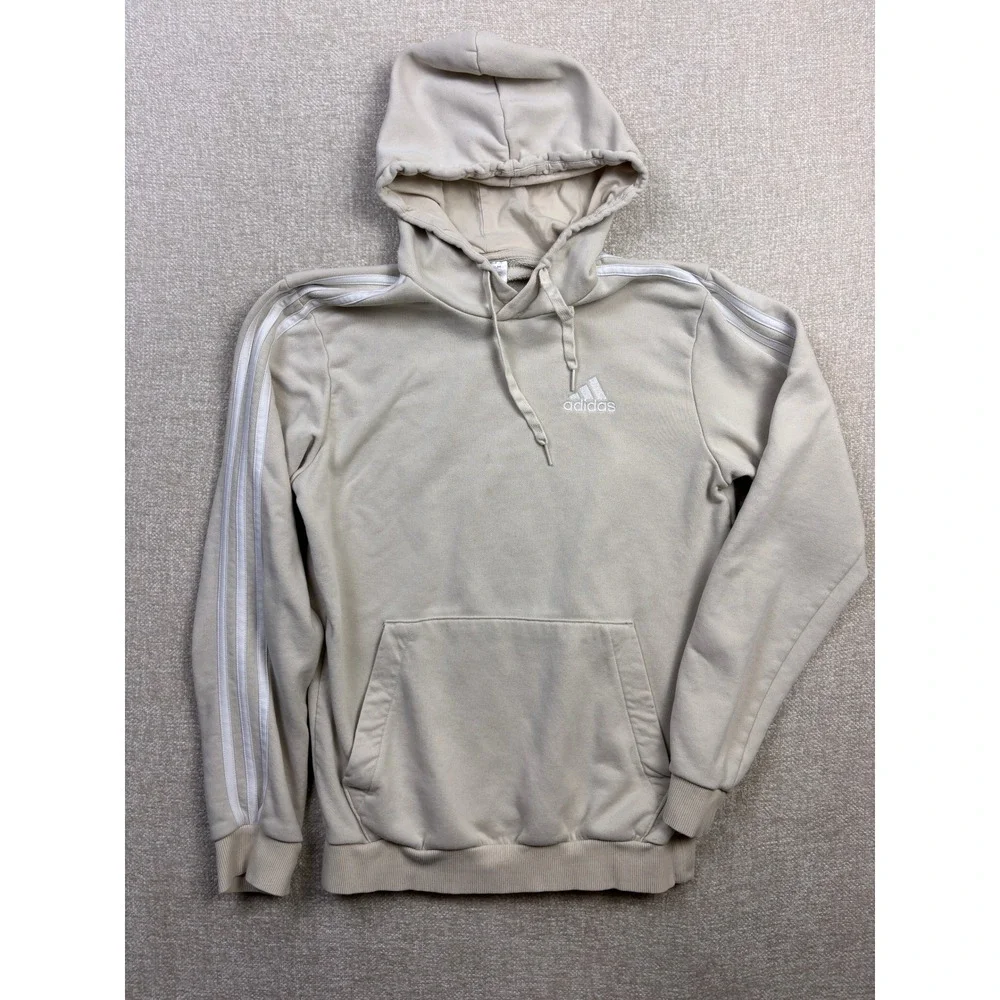 Adidas Mens Essentials 3-Stripes Fleece Hoodie Beige Small